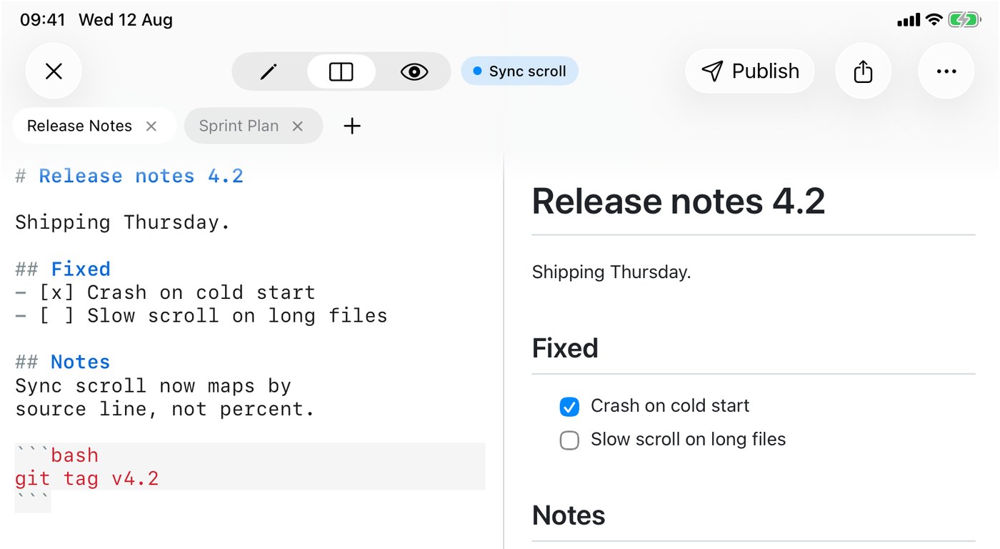 QuickMark on iPad with two tabs, Release Notes and Sprint Plan, shown as rounded pills under the top bar above a split view of source and preview
