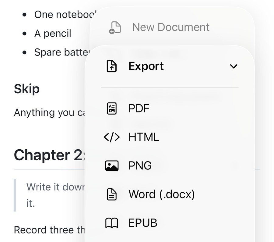 The Export submenu open in QuickMark on iPhone, listing PDF, HTML, PNG, Word (.docx) and EPUB
