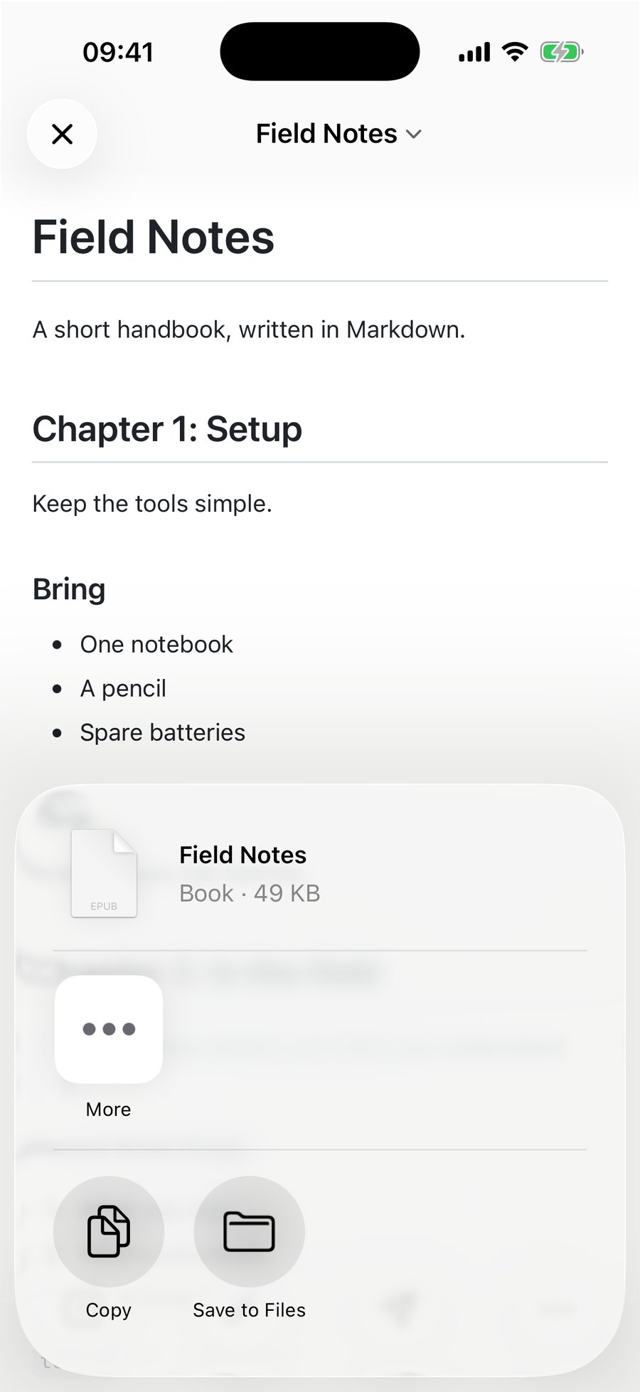 The iOS share sheet showing a file named Field Notes, described as Book, 49 KB, with Copy and Save to Files options