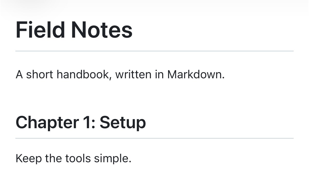 A Markdown document titled Field Notes rendered in QuickMark on iPhone, with a subtitle line and a Chapter 1 heading