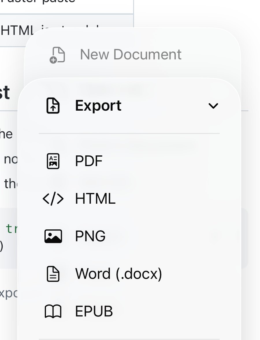 The Export submenu open in QuickMark on iPhone, listing PDF, HTML, PNG, Word (.docx) and EPUB