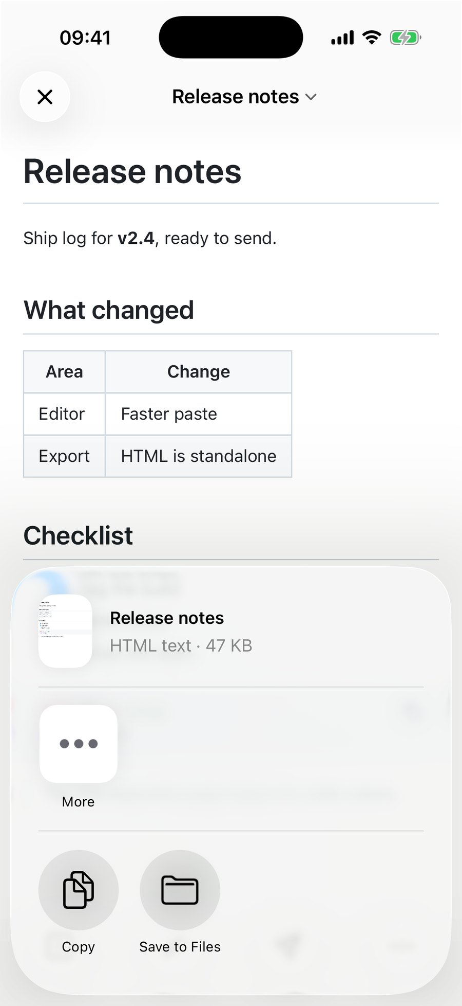 The iOS share sheet showing a file named Release notes, described as HTML text, 47 KB, with Copy and Save to Files options