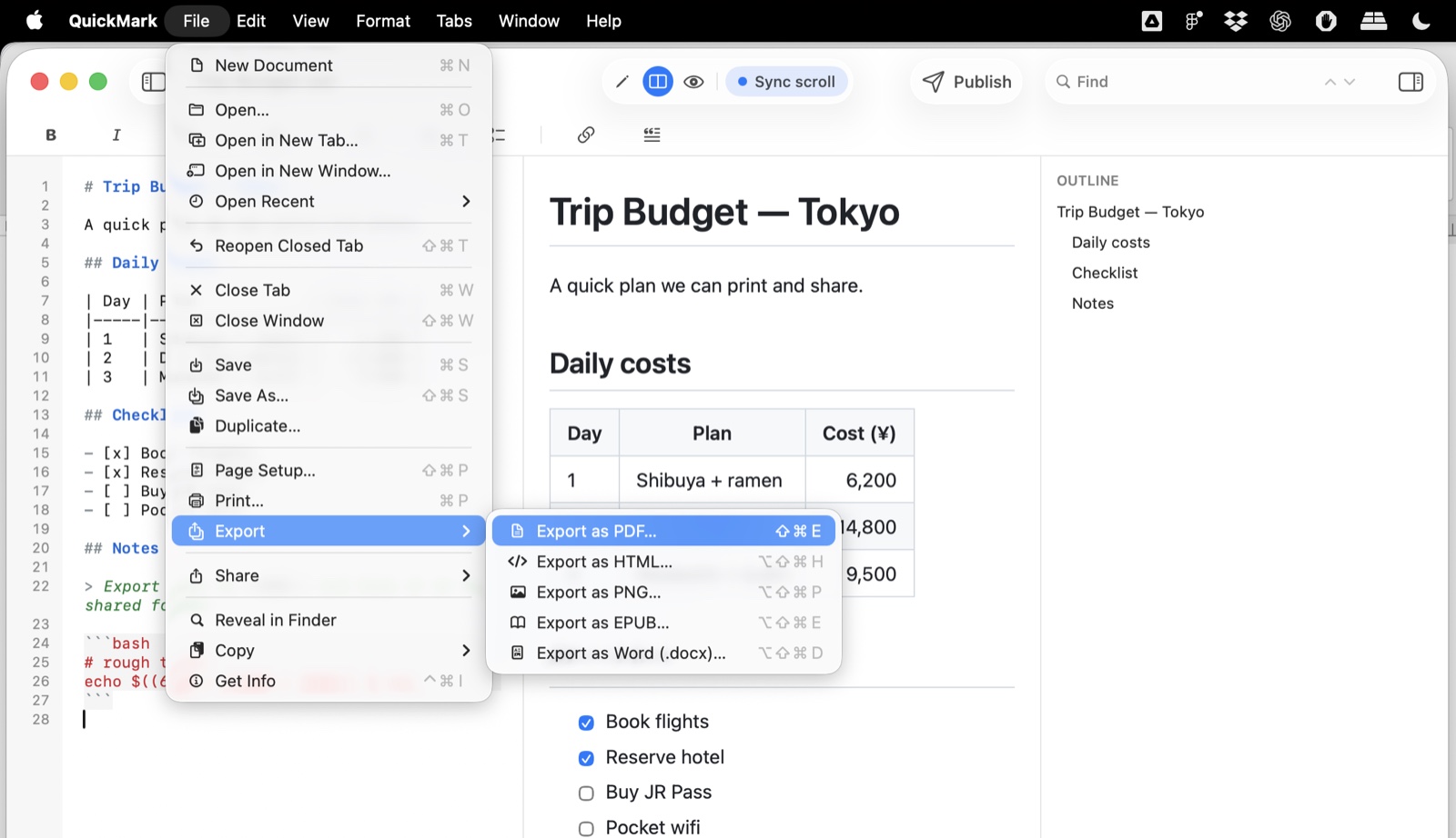 The File menu open in QuickMark on Mac with the Export submenu expanded, showing Export as PDF, Export as HTML with the shortcut option-shift-command-H, Export as PNG, Export as EPUB and Export as Word