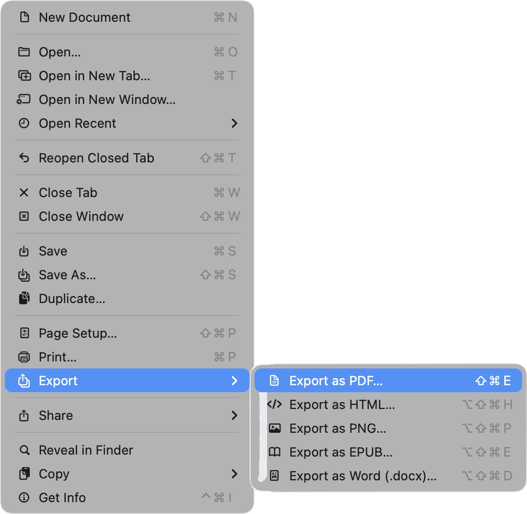 QuickMark's File menu open on Mac with the Export submenu showing Export as PDF (Shift-Command-E), Export as HTML, Export as PNG, Export as EPUB, and Export as Word (.docx)