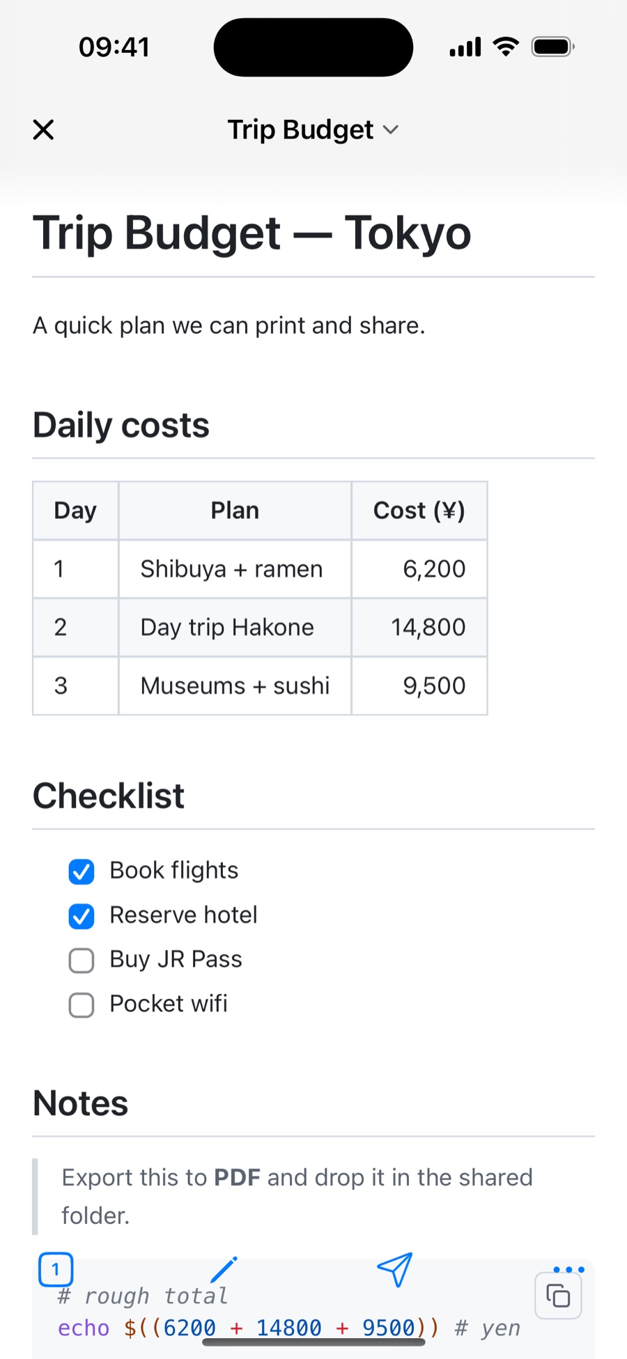 The same trip-budget document rendered in QuickMark on an iPhone, showing the heading, costs table, and checklist ready to export
