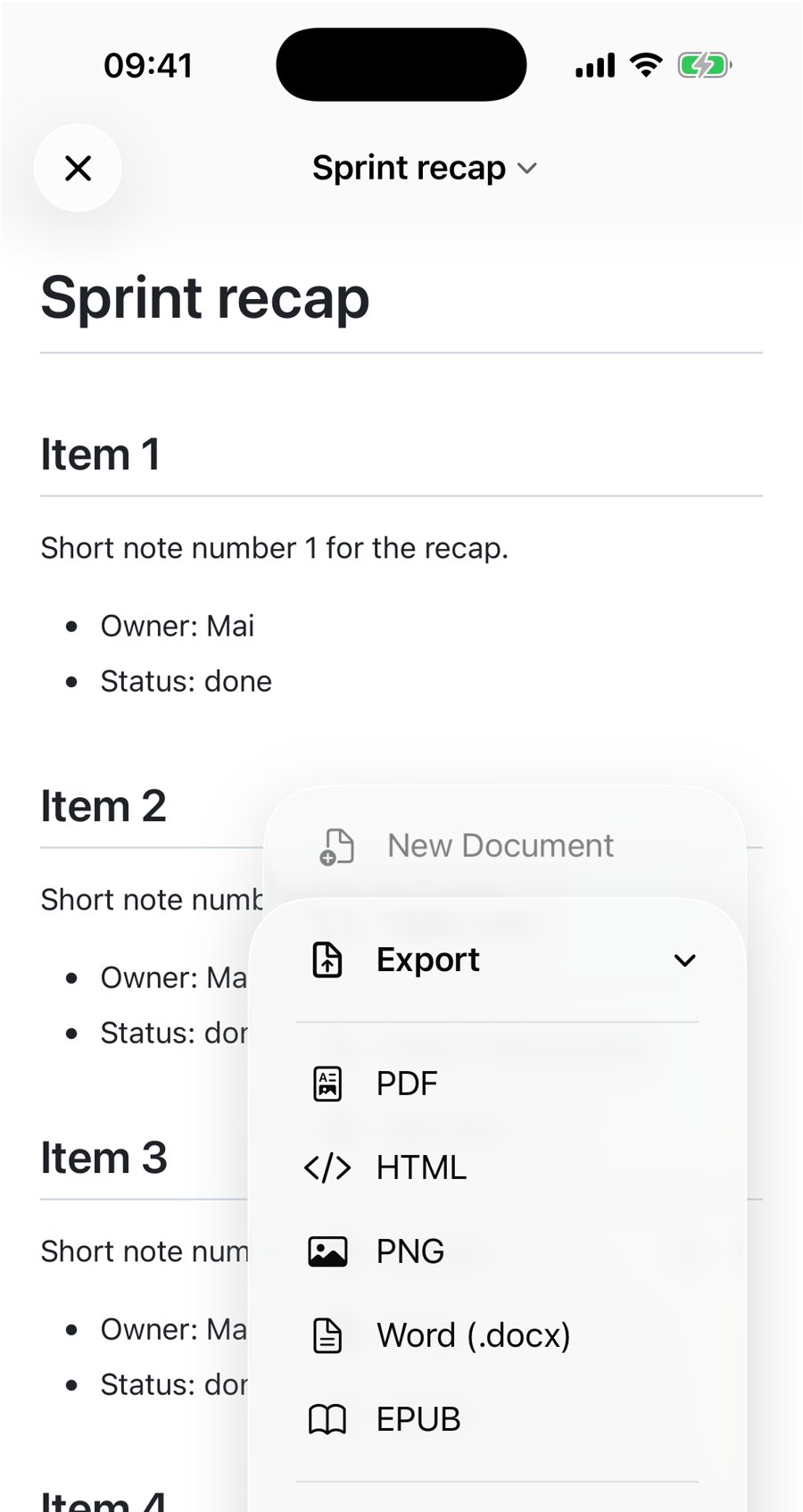 The Export submenu open in QuickMark on iPhone, listing PDF, HTML, PNG, Word (.docx) and EPUB