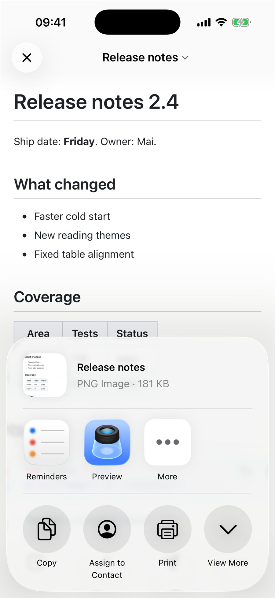 The iOS share sheet showing a file named Release notes, described as PNG Image, 181 KB, with a thumbnail of the rendered document