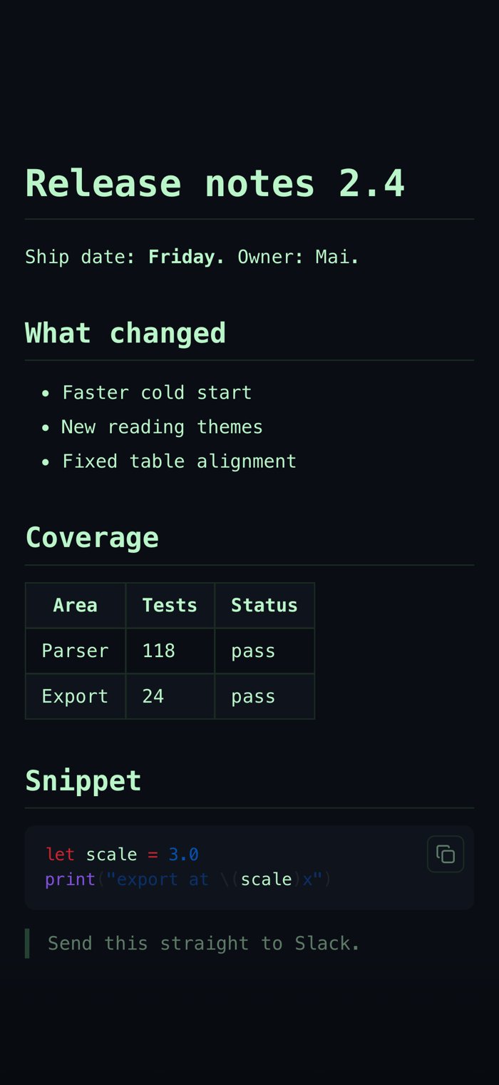 The same Release notes document exported as PNG with the Terminal reading theme selected, showing green monospace headings on a near-black background