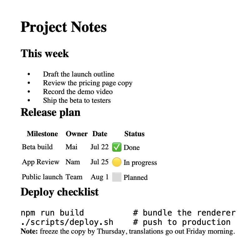 The pasted result: Project Notes as a large bold heading, section headings, a bulleted list, a borderless four-column table with the emoji intact, and a monospaced shell snippet in black text