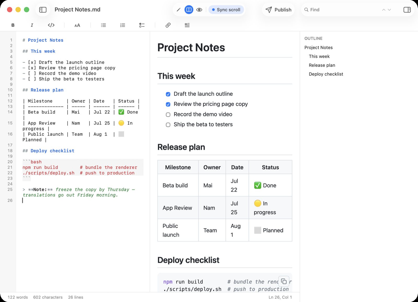 QuickMark on Mac in split view, showing a Markdown document called Project Notes on the left and its rendered version with a checklist, a table and a code block on the right
