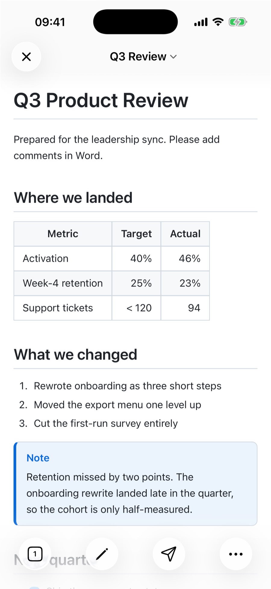 QuickMark on iPhone showing a Q3 Product Review document with a metrics table containing right-aligned numbers, a numbered list of changes, and a blue Note callout