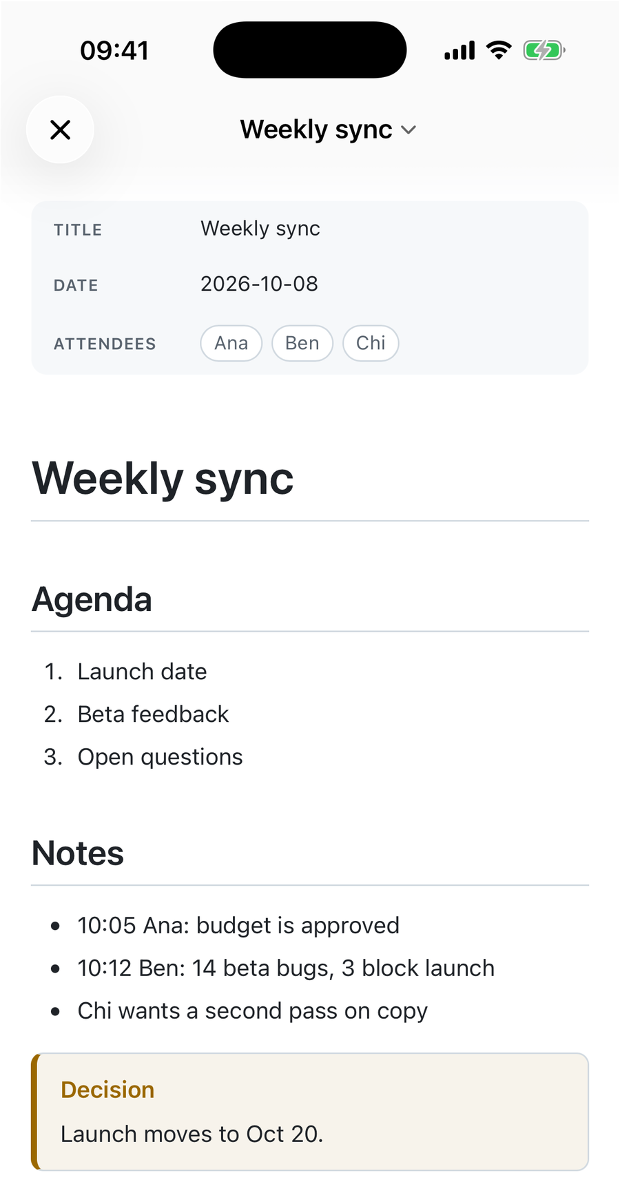 QuickMark preview on iPhone: a metadata table with Title Weekly sync, Date 2026-10-08 and Attendees shown as three tags, then the Weekly sync heading, a numbered agenda, bulleted notes with timestamps and an amber Decision box
