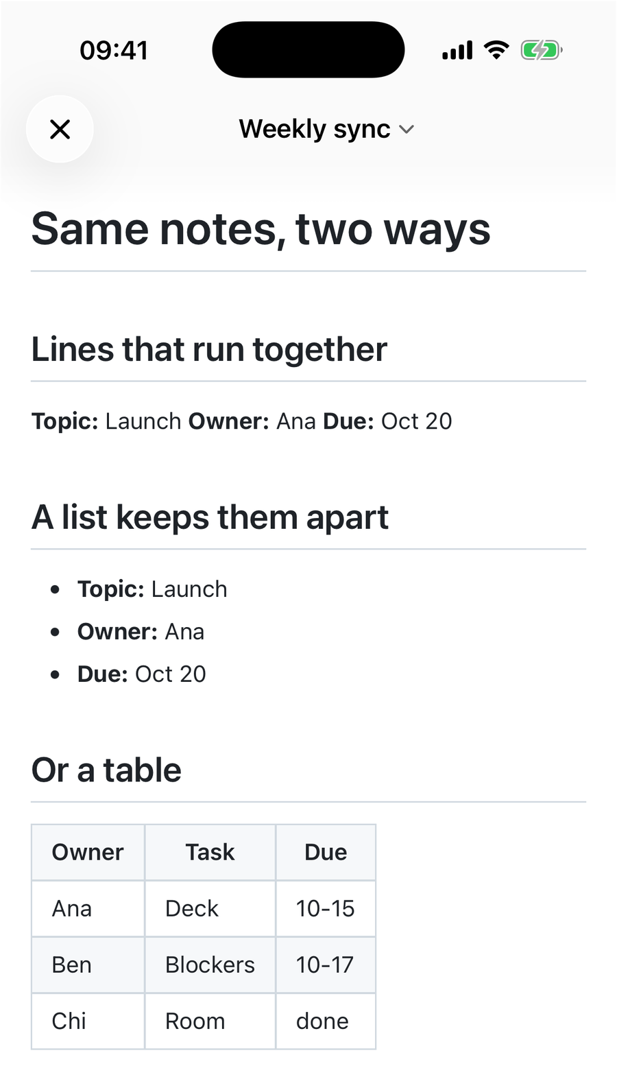 QuickMark on iPhone. Under Lines that run together, Topic Launch Owner Ana Due Oct 20 sit on one line. Under A list keeps them apart, the same three fields are separate bullets. Under Or a table, an Owner Task Due table with three rows