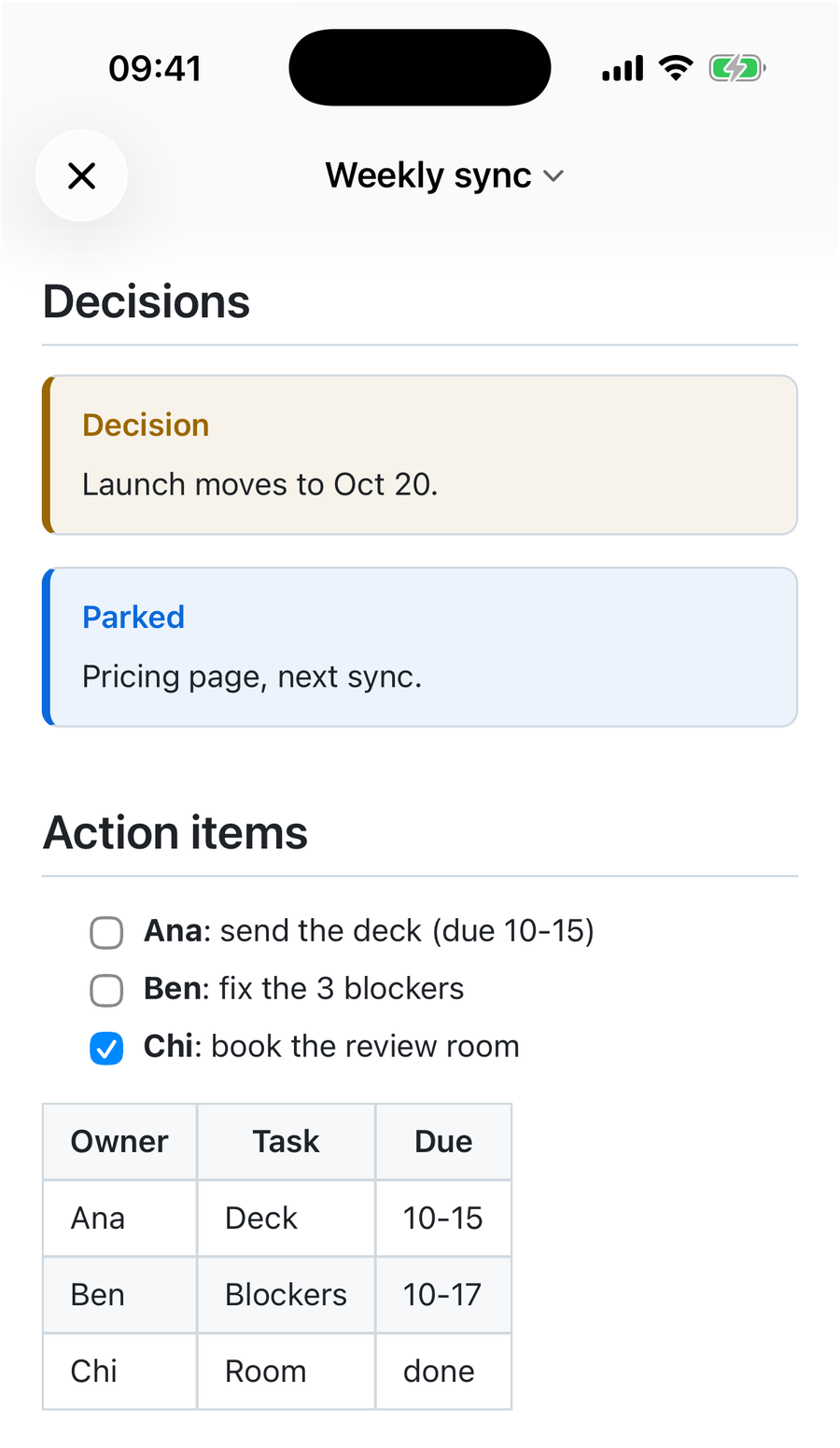 QuickMark on iPhone: a Decisions heading with an amber Decision callout reading Launch moves to Oct 20 and a blue Parked callout, then Action items with two empty checkboxes for Ana and Ben, a ticked one for Chi, and an Owner Task Due table