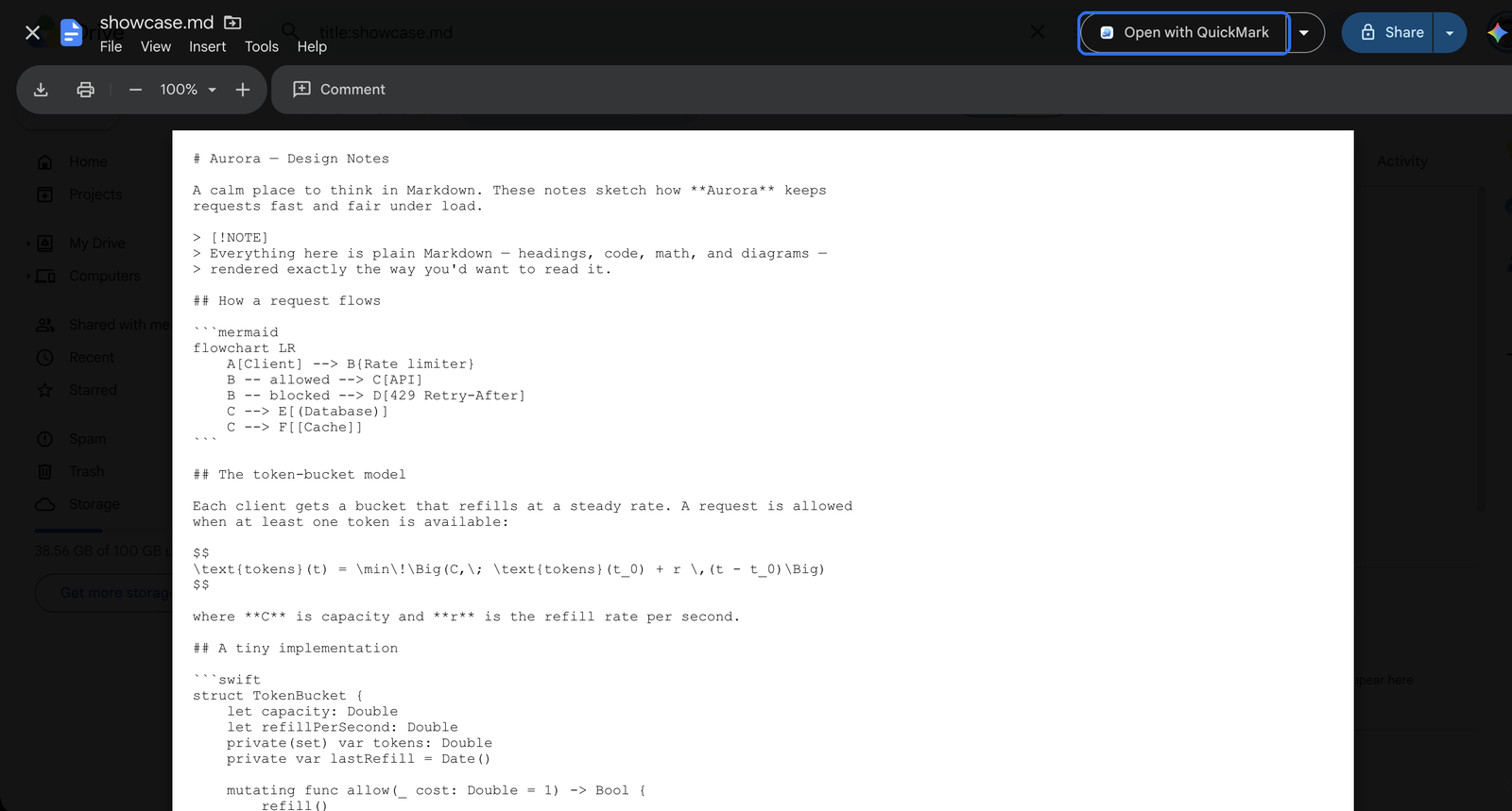 Google Drive's built-in preview of a Markdown file, showing unrendered heading marks, table pipes and code fences