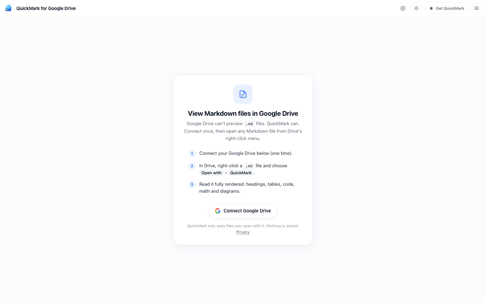 The QuickMark for Google Drive page with the Connect Google Drive button and a three-step explanation