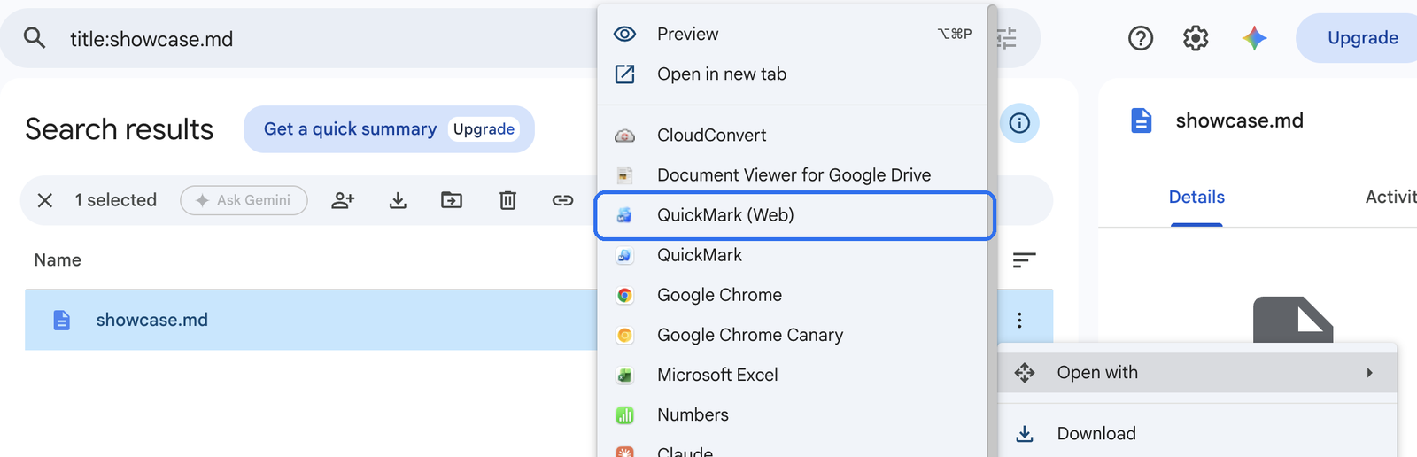 Google Drive's Open with submenu on a Markdown file, with QuickMark (Web) listed