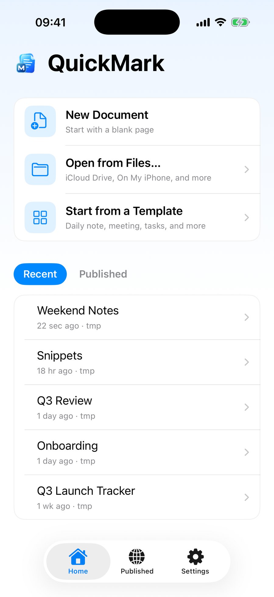 QuickMark's Home screen on iPhone showing three actions, New Document, Open from Files and Start from a Template, above a Recent list of five documents