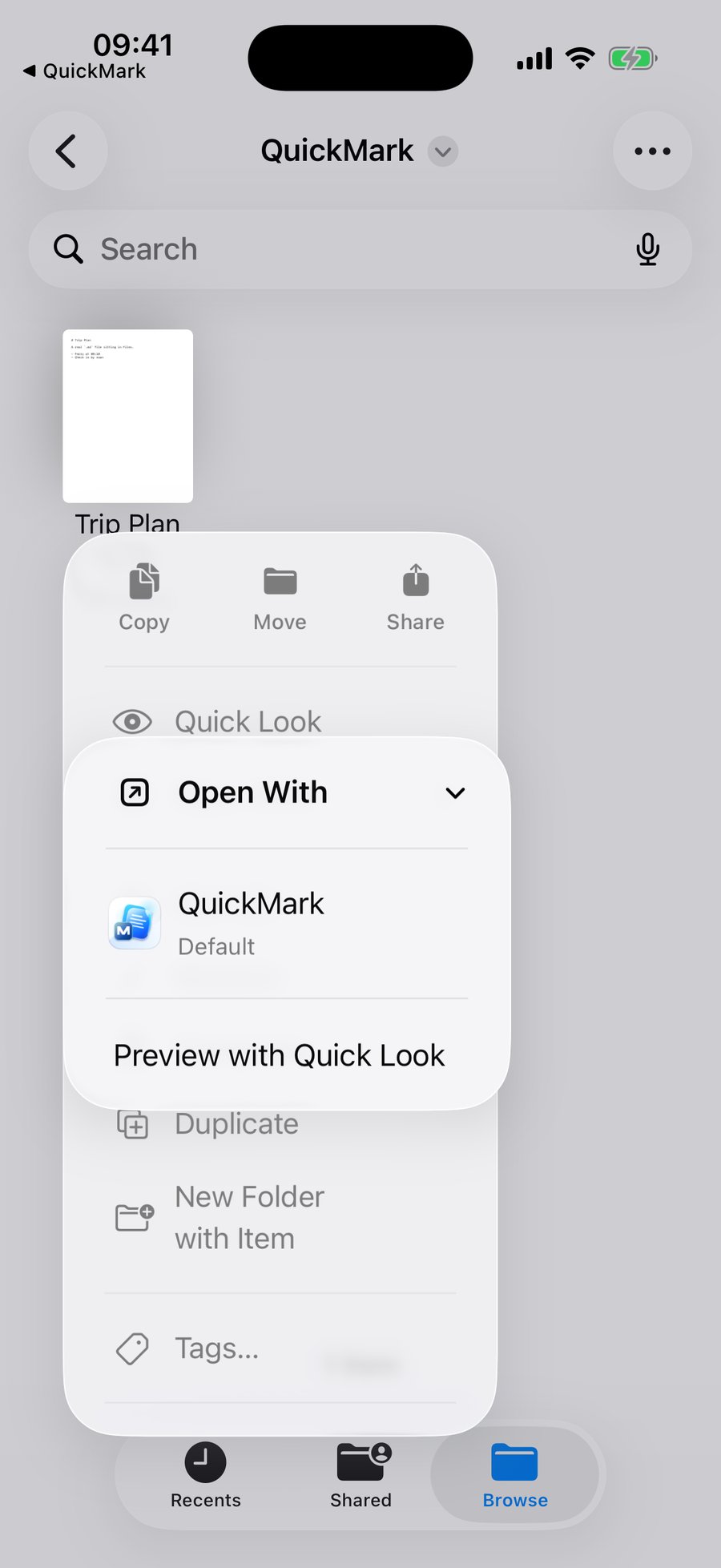 The Files app context menu on a Markdown file with the Open With submenu expanded, listing QuickMark marked Default above a Preview with Quick Look row