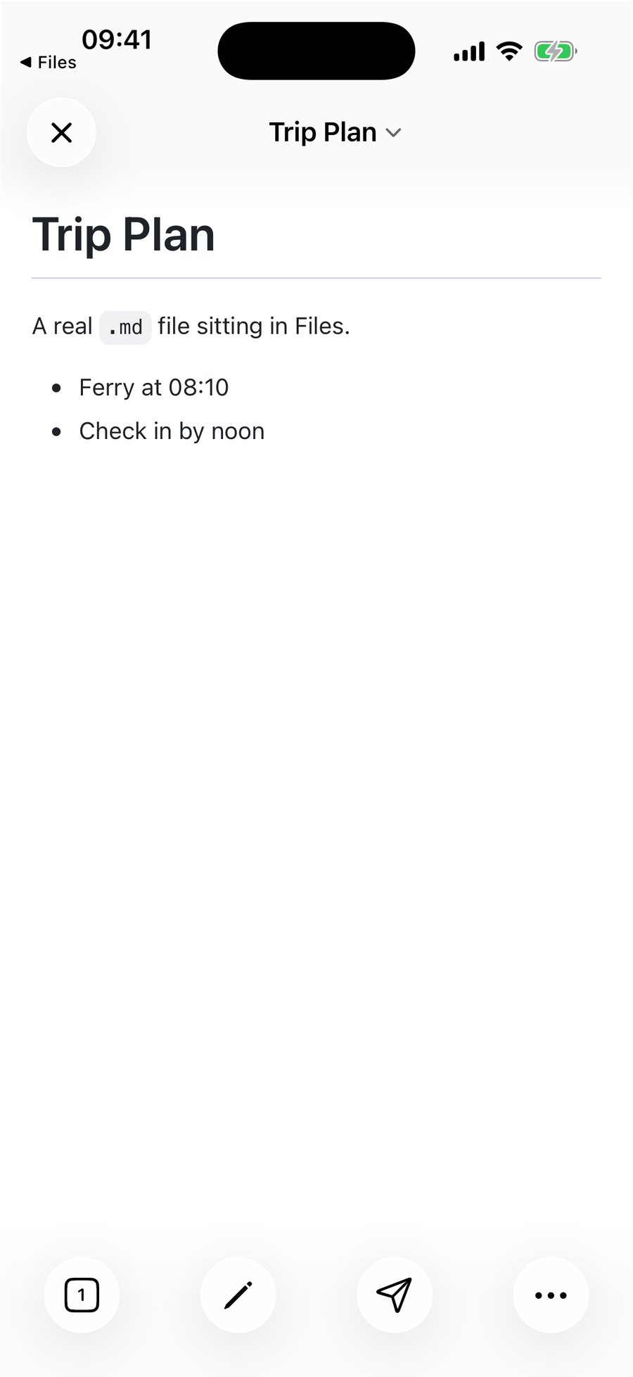 A Markdown document rendered in QuickMark with a heading, inline code and a bullet list, showing a back-to-Files chip in the top-left of the status bar