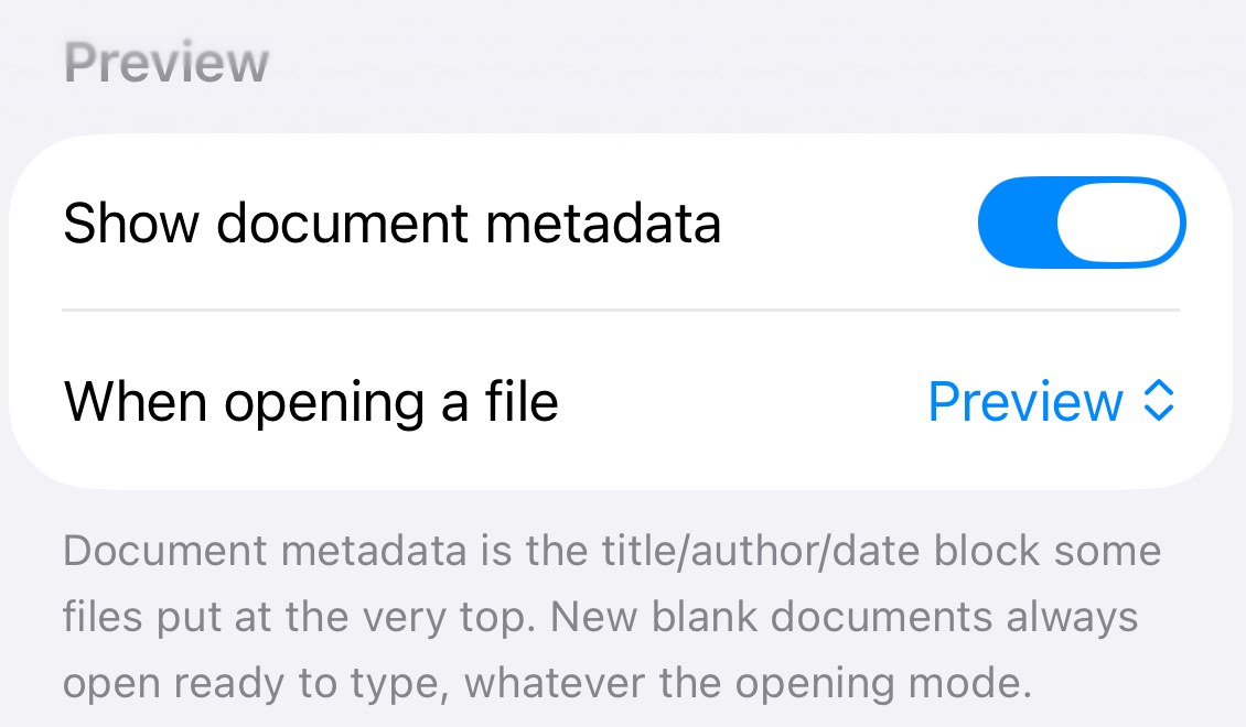 QuickMark's Settings screen on iPhone showing the Preview section with a Show document metadata toggle and a When opening a file picker set to Preview