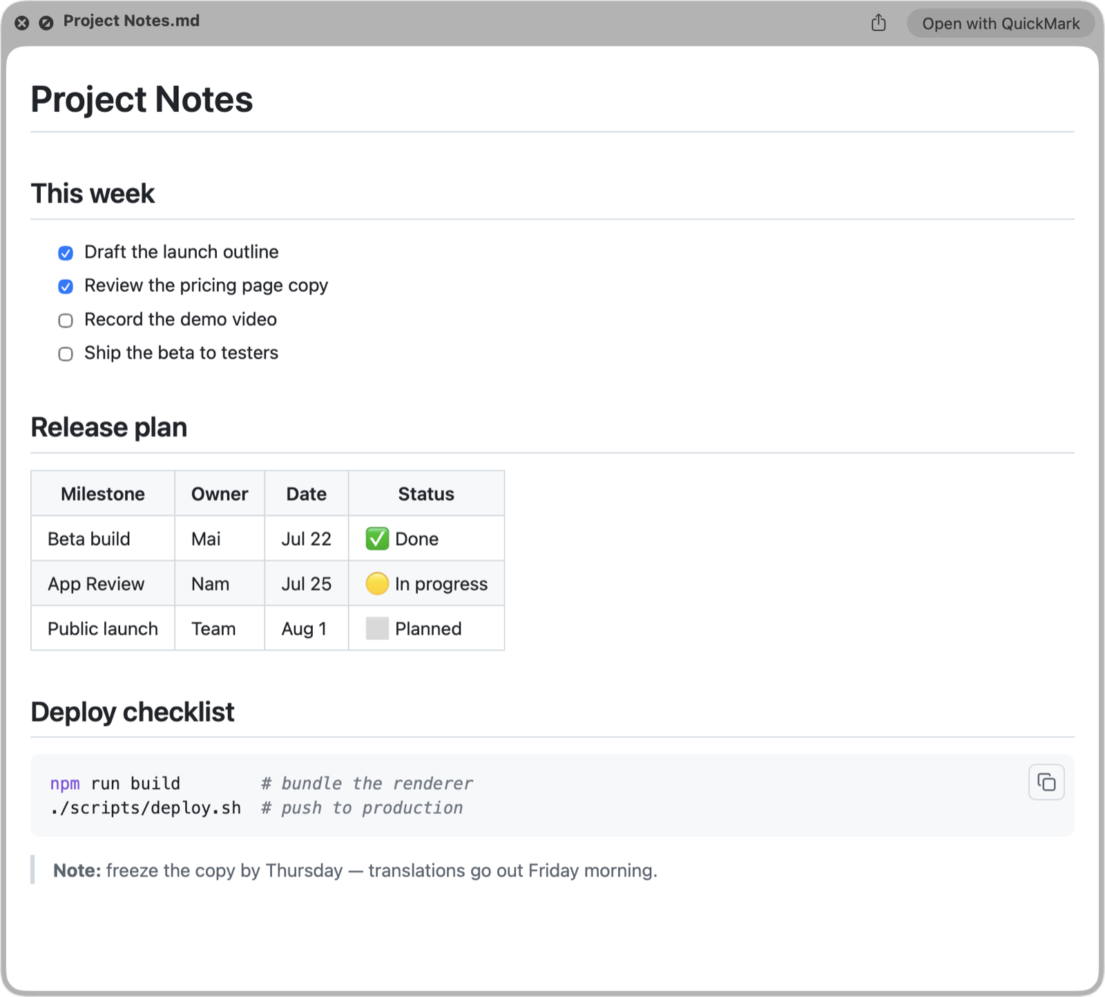The macOS Quick Look panel showing a Markdown file fully rendered by QuickMark: a Project Notes heading, blue interactive-style checkboxes, a formatted release-plan table with emoji statuses, a syntax-highlighted bash code block with a copy button, and a note callout