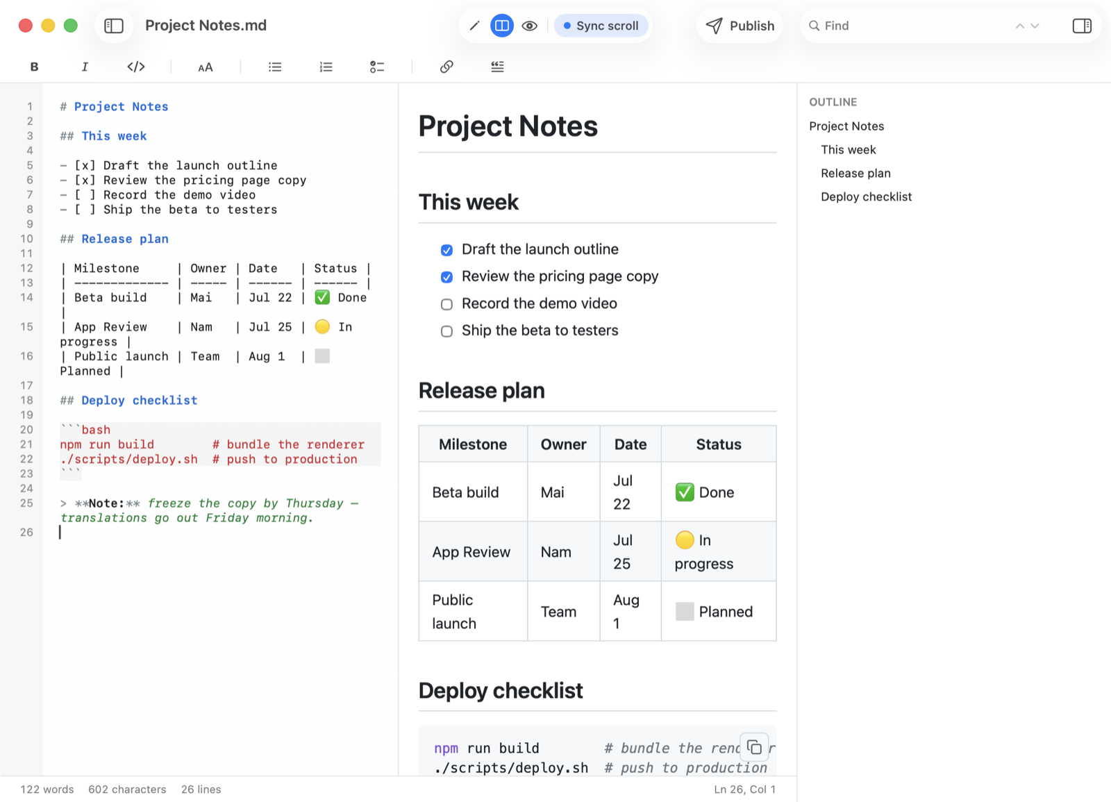The QuickMark Mac app in Split view: Markdown source with syntax coloring and line numbers on the left, the live rendered preview on the right, an outline sidebar listing the document headings, a Sync scroll indicator, a formatting toolbar, and a Publish button