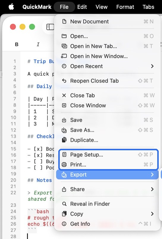The File menu open in QuickMark on Mac, with Page Setup at shift-command-P and Print at command-P highlighted