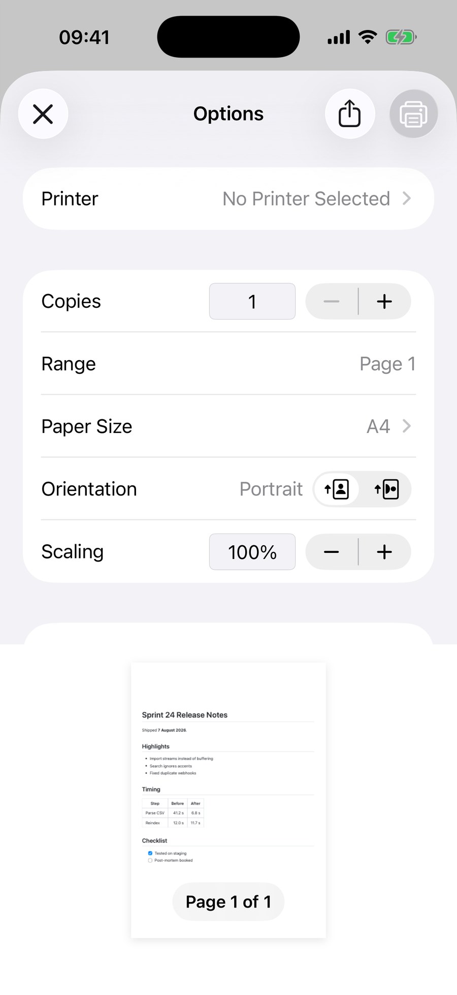 The iOS print Options sheet in QuickMark showing Printer, Copies, Range, Paper Size A4, Orientation and Scaling controls, with a live thumbnail of the rendered document below