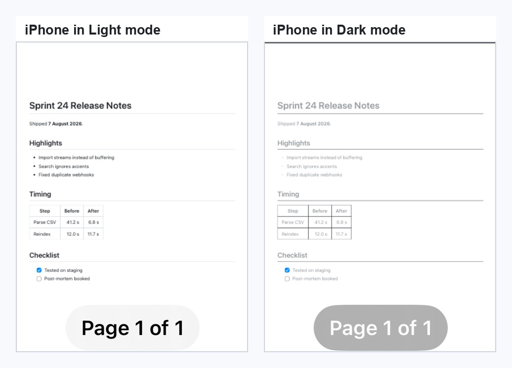 Two iPhone print previews of the same document side by side. The light-mode one has black headings and body text; the dark-mode one shows the same page in pale grey.