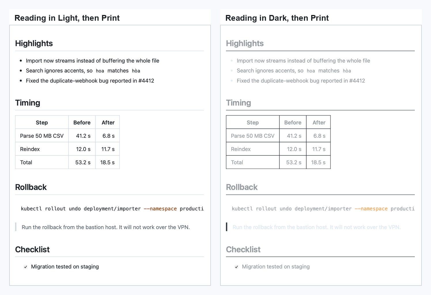 Two printed pages side by side. The left one, printed while the preview was in the light theme, has black headings and dark table text. The right one, printed from the dark theme, has the same layout in pale grey that is hard to read.