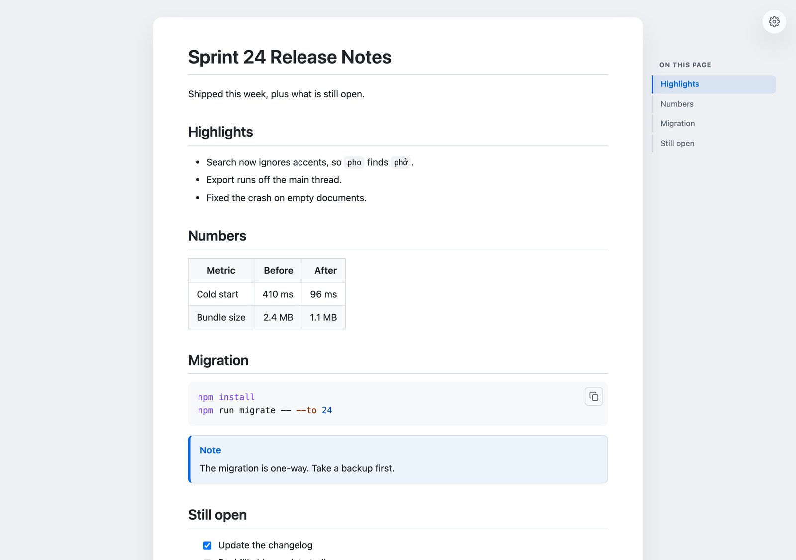 A published Markdown document open in a desktop browser, showing a Sprint 24 Release Notes page with a bordered table, a blue Note callout, a syntax-coloured shell code block, a checked task list and an On this page outline down the right side