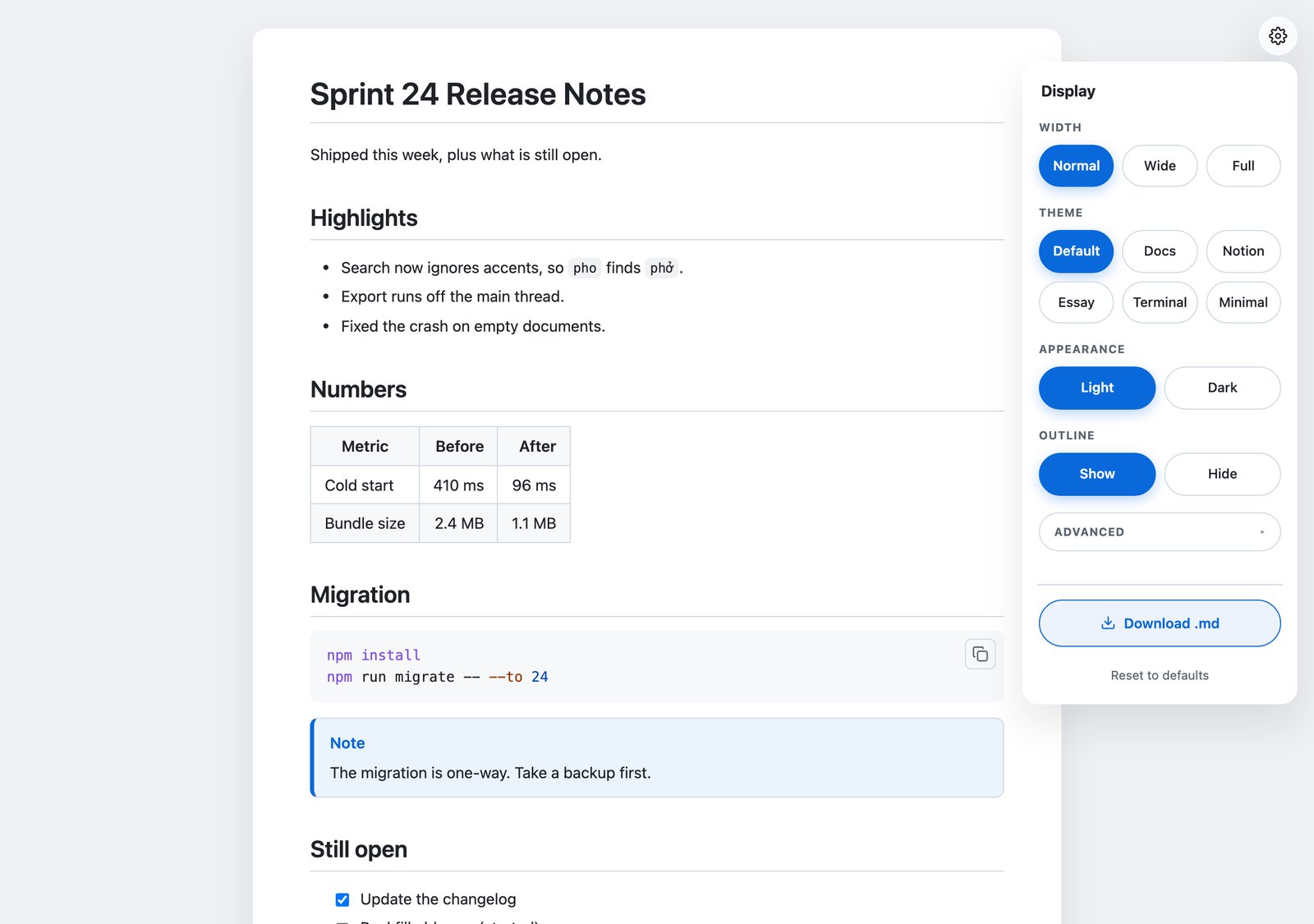The published page with the Display panel open, offering Width of Normal, Wide or Full, Theme choices of Default, Docs, Notion, Essay, Terminal and Minimal, Appearance Light or Dark, Outline Show or Hide, an Advanced section and a Download .md button