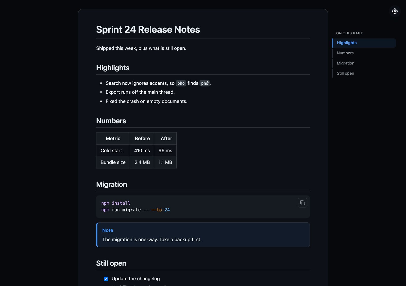 The same published page after the reader switched Appearance to Dark, with a dark background, light text and a dark syntax-colour palette in the code block