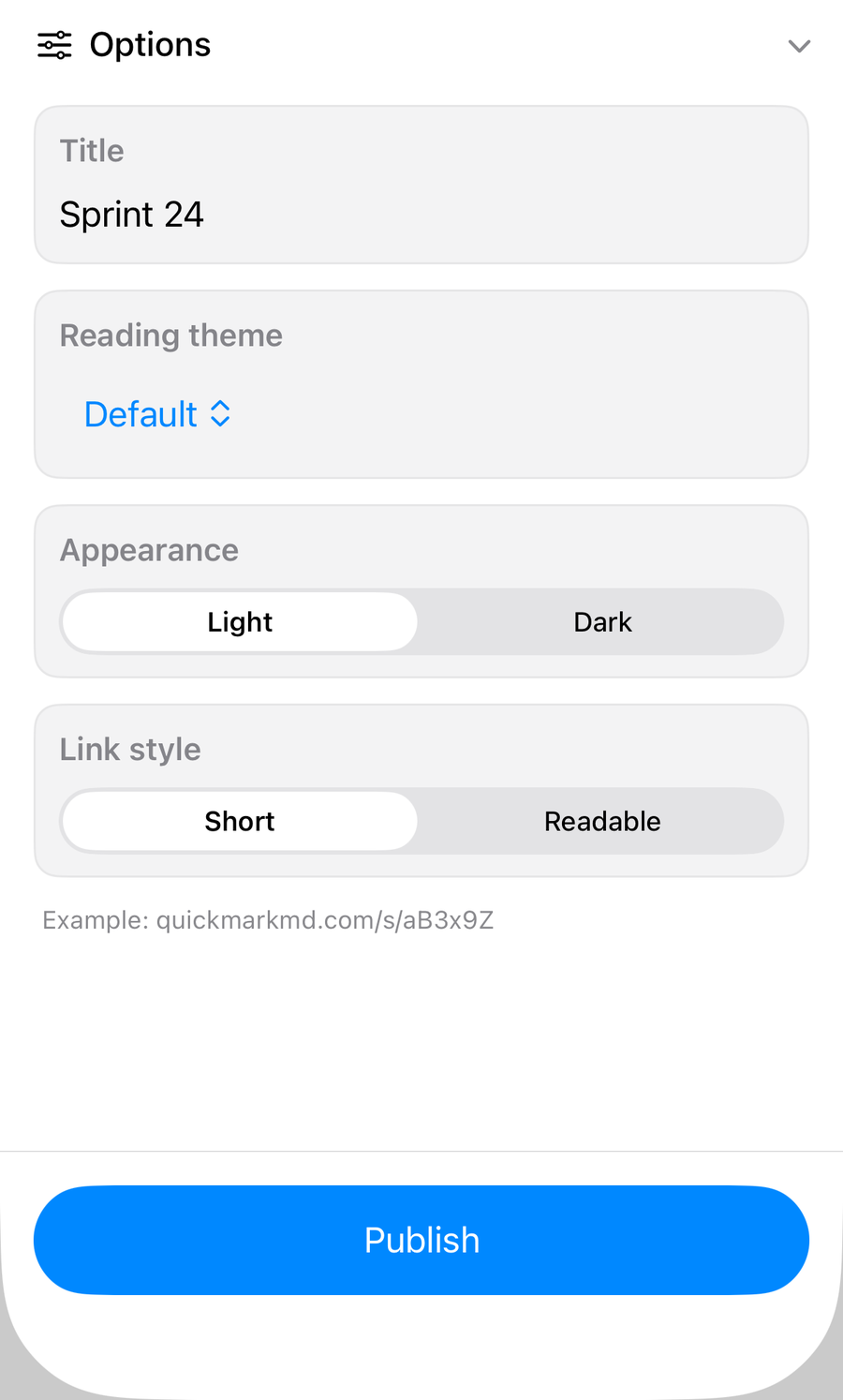 The Publish options panel on iPhone showing fields for Title, Reading theme, Appearance set to Light, and Link style set to Short with an example URL underneath, above a blue Publish button