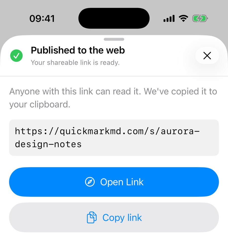 The publish confirmation on iPhone reading Published to the web, your shareable link is ready, with the URL in a monospaced box above an Open Link button and a Copy link button