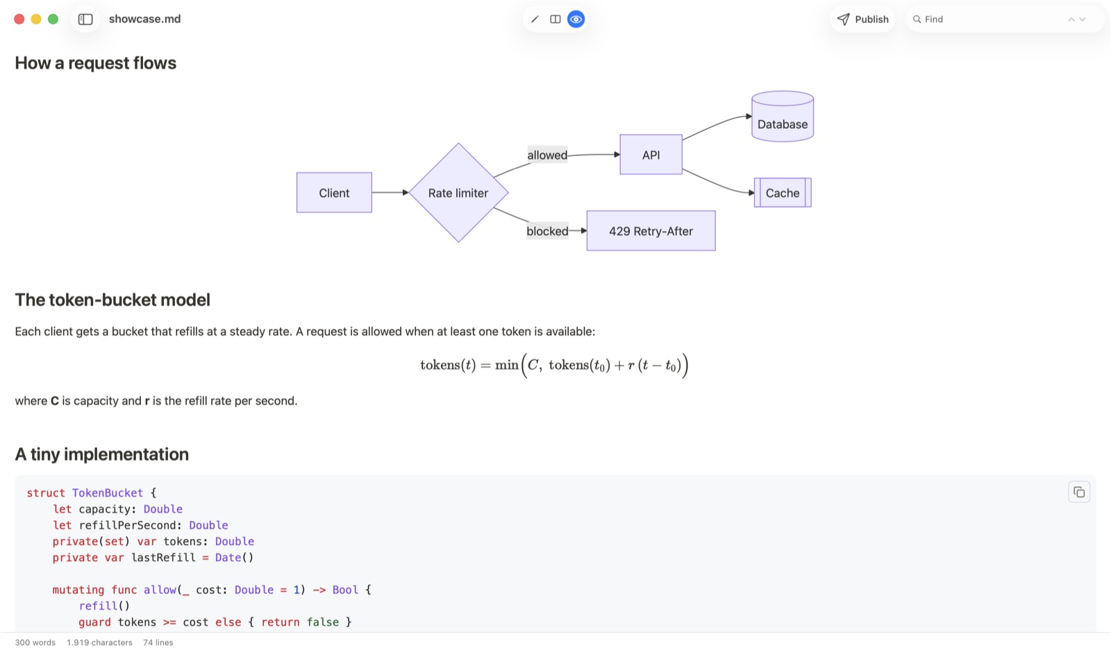 QuickMark on Mac in preview mode showing a Mermaid flowchart of a rate limiter, a typeset KaTeX formula, and a syntax-highlighted Swift struct, all rendered in the same document