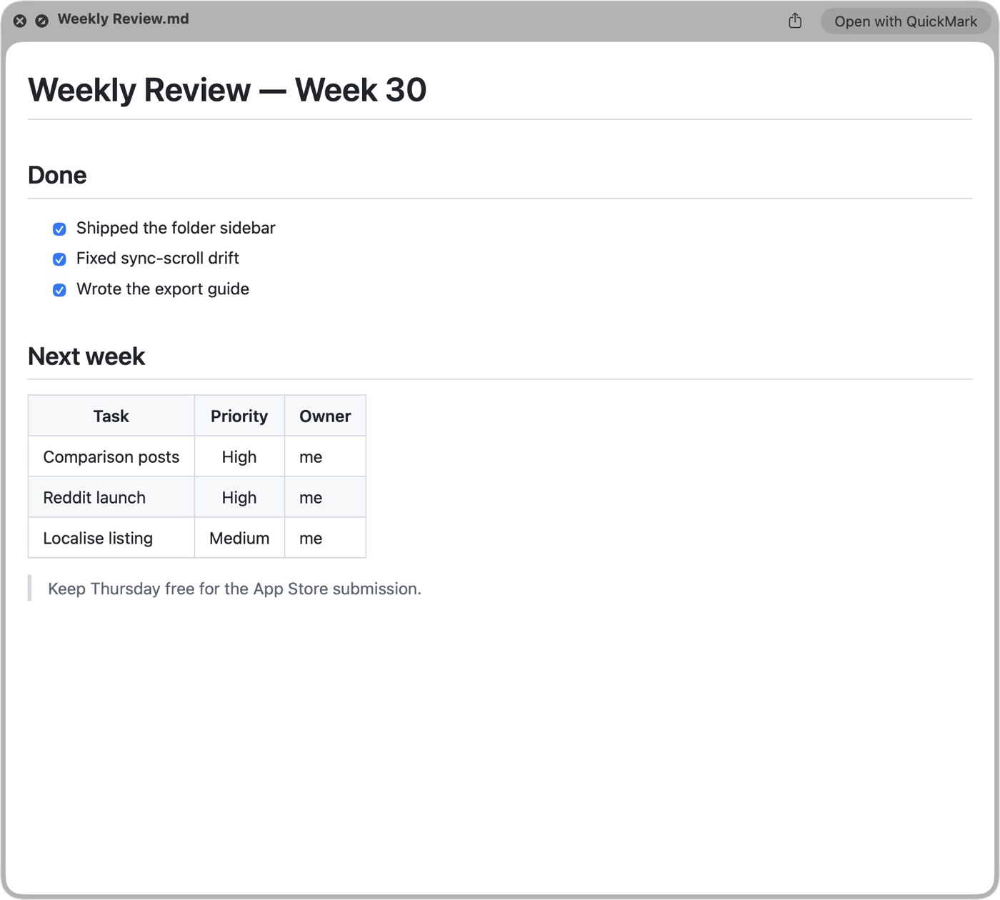 The macOS Quick Look panel showing a Markdown file called Weekly Review rendered by QuickMark, with ticked checkboxes, a formatted three-column table and a note callout, plus an Open with QuickMark button in the corner