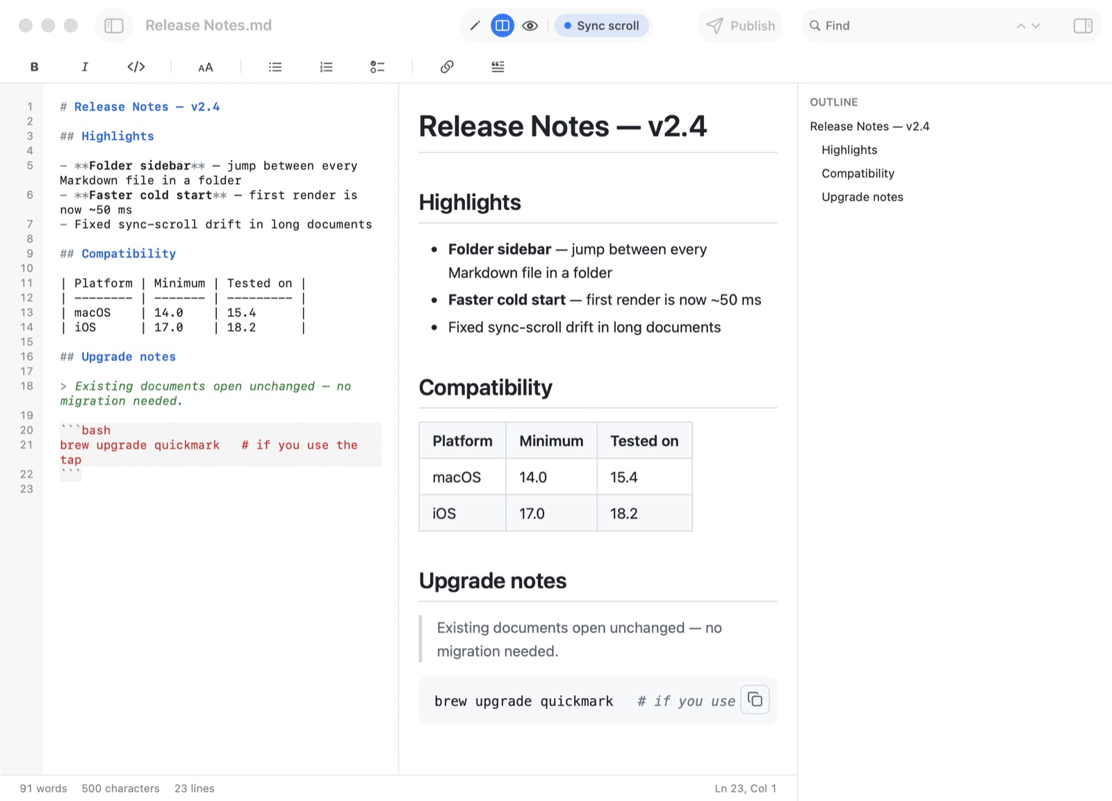 QuickMark on Mac in split view: the raw Markdown source with line numbers and syntax colouring on the left, the rendered document with a formatted table and callout on the right, a Sync scroll indicator in the toolbar, and a heading outline in the right sidebar