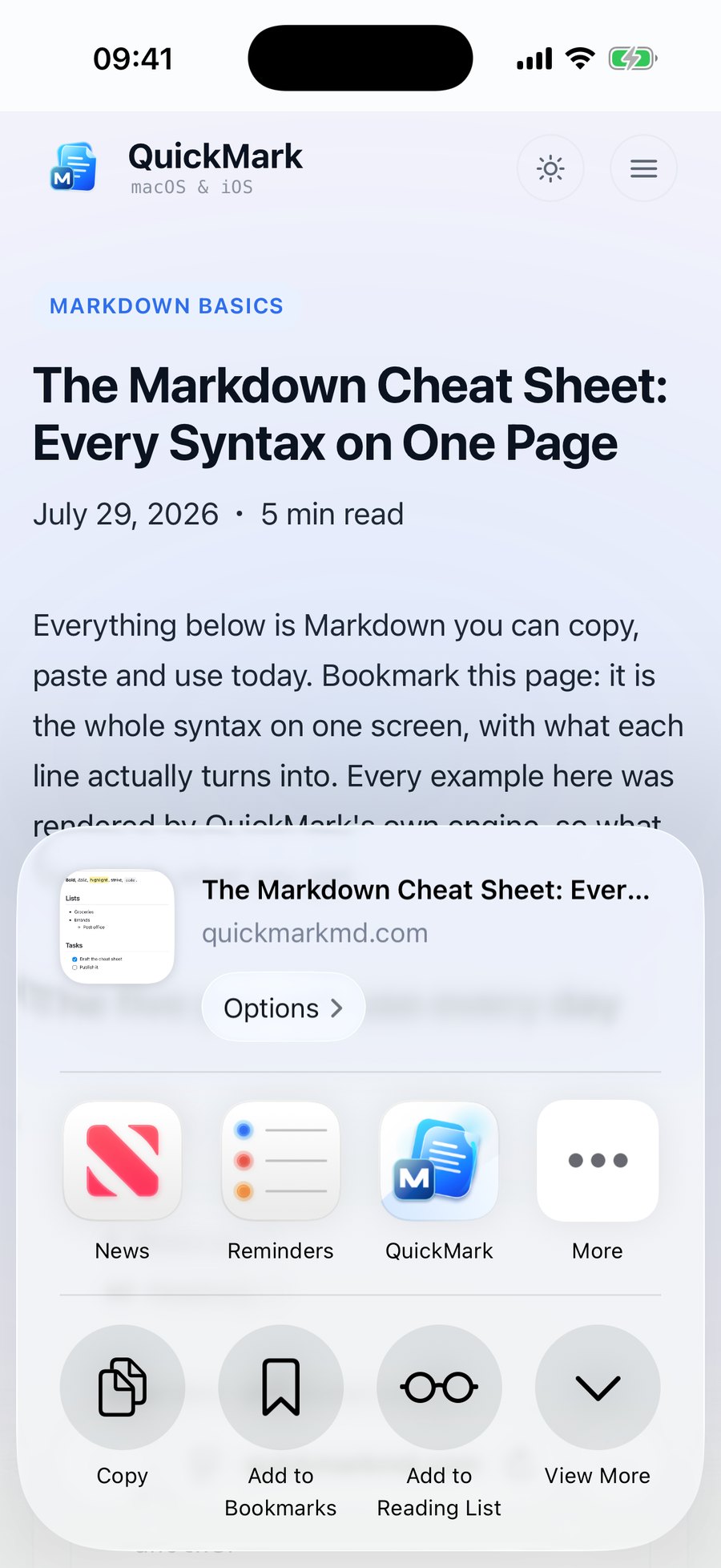 The iOS share sheet in Safari showing a page preview and an app row containing News, Reminders, QuickMark and More