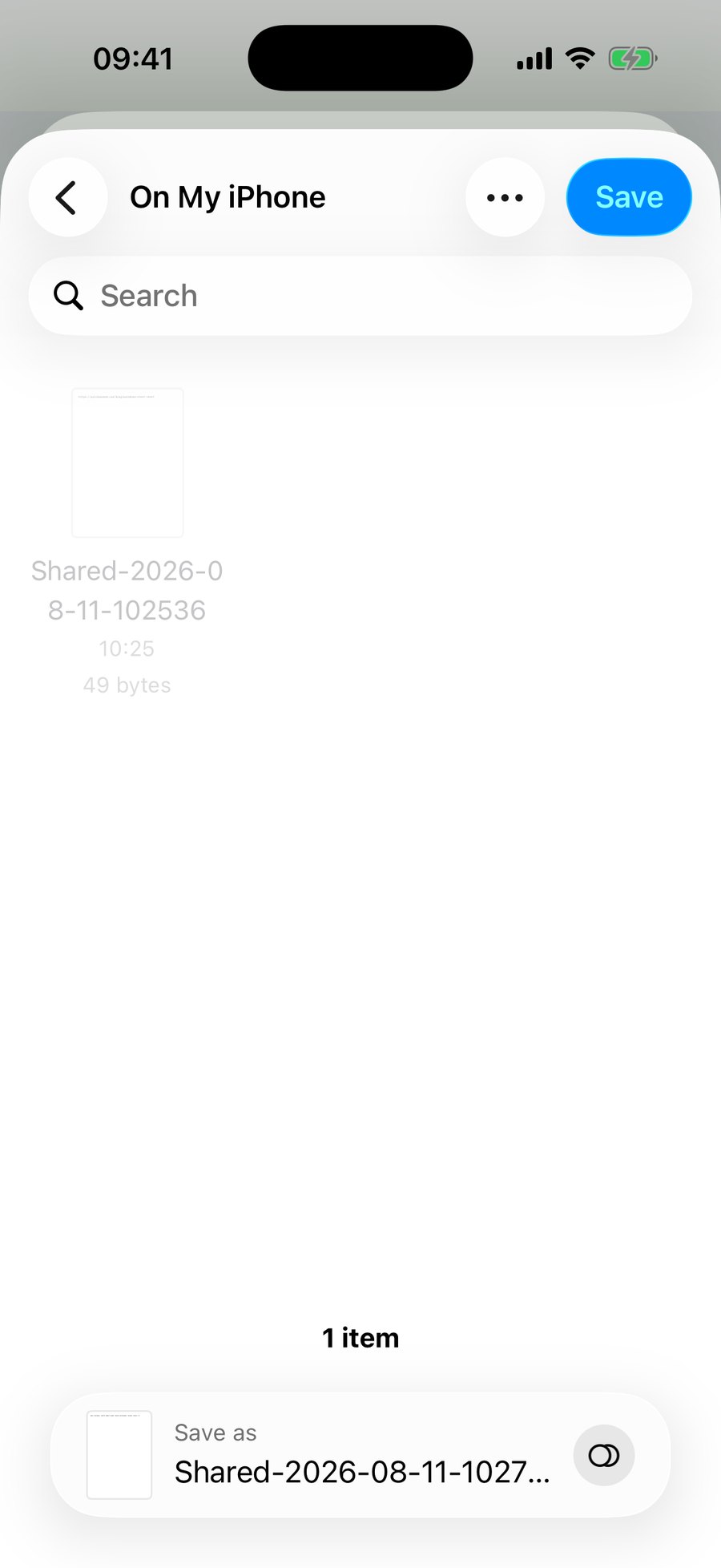 The iOS document save panel titled On My iPhone, showing one previously saved Markdown file of 49 bytes and a Save as field reading Shared-2026-08-11-1027