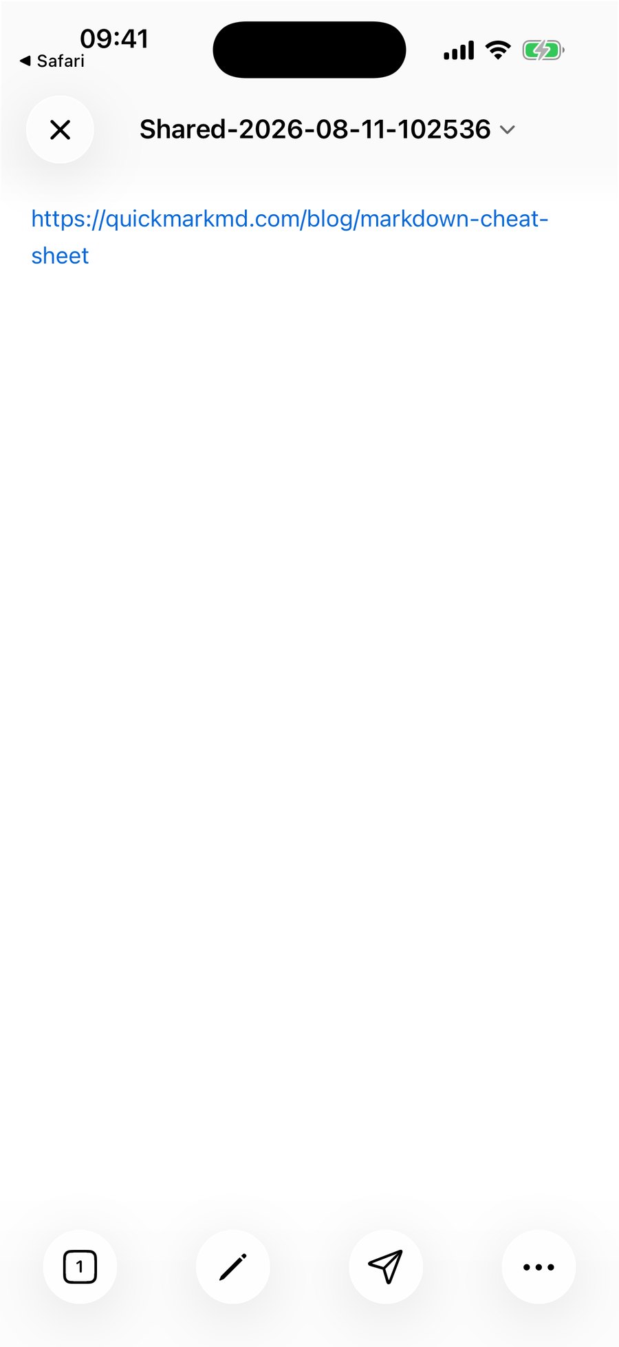 A saved clipping open in QuickMark, titled Shared-2026-08-11-102536, showing the shared URL rendered as a blue clickable link