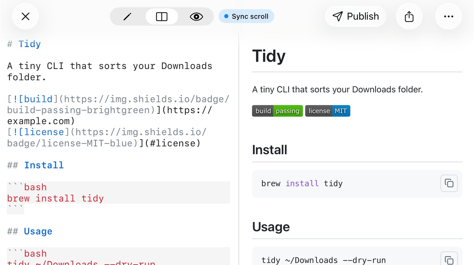 QuickMark on iPad in split view. Left: the raw Markdown of a README named Tidy with a one-line description, two shields.io badges, an Install heading and a bash code block. Right: the same README rendered, with the badges shown as green and blue pills and the install command in a code box